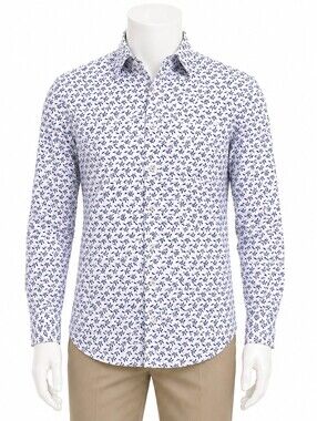 Roundtree & Yorke Men's White Cotton Button-Up Shirt with Navy Leaf Print - 3XB